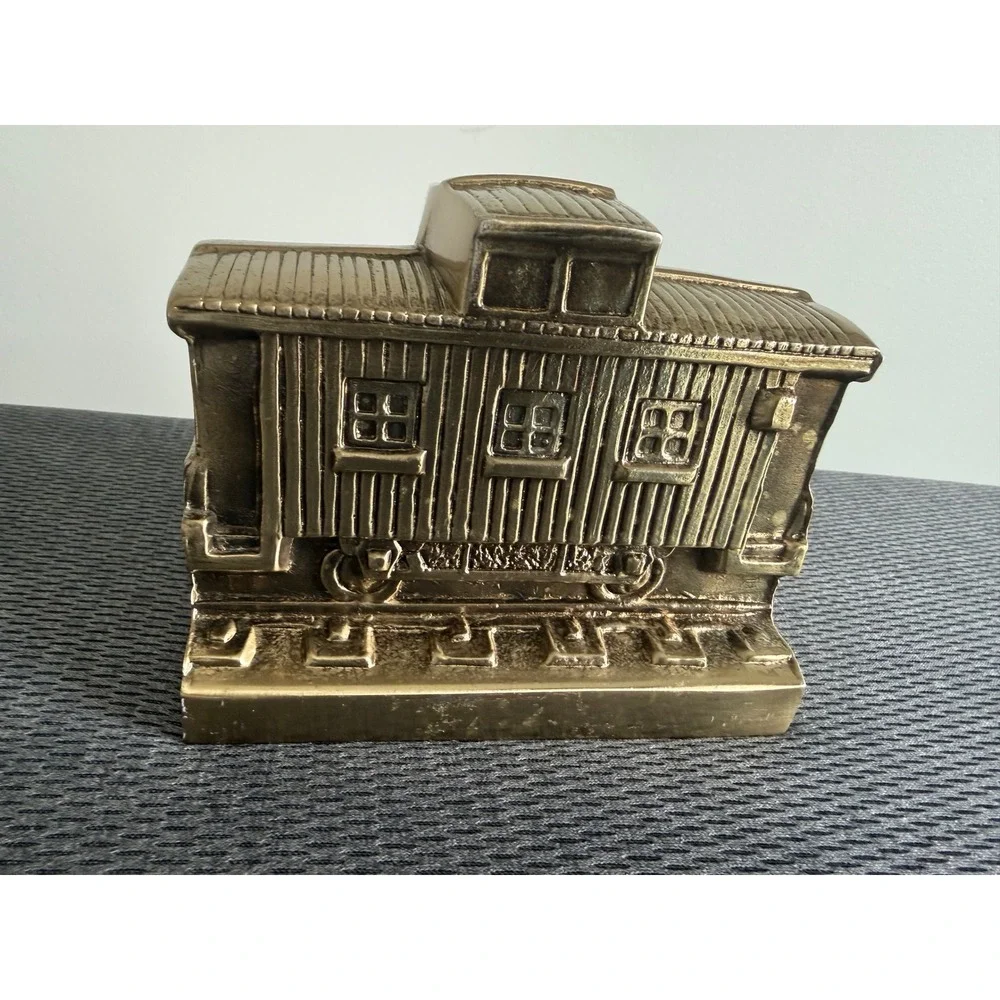 Vintage Solid Brass Metal Train Bookends Steam Locomotive and Caboose Set